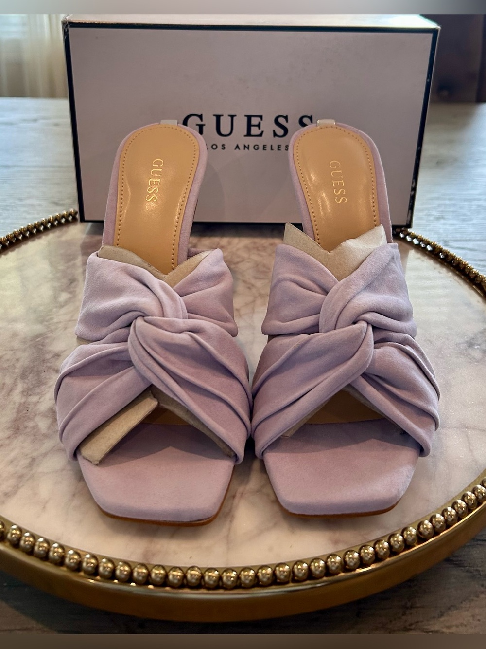 GUESS Daiva Lavender Suede Leather Slide Mules Metallic Logo | Sz. 7 NWB) - Picture 2 of 8